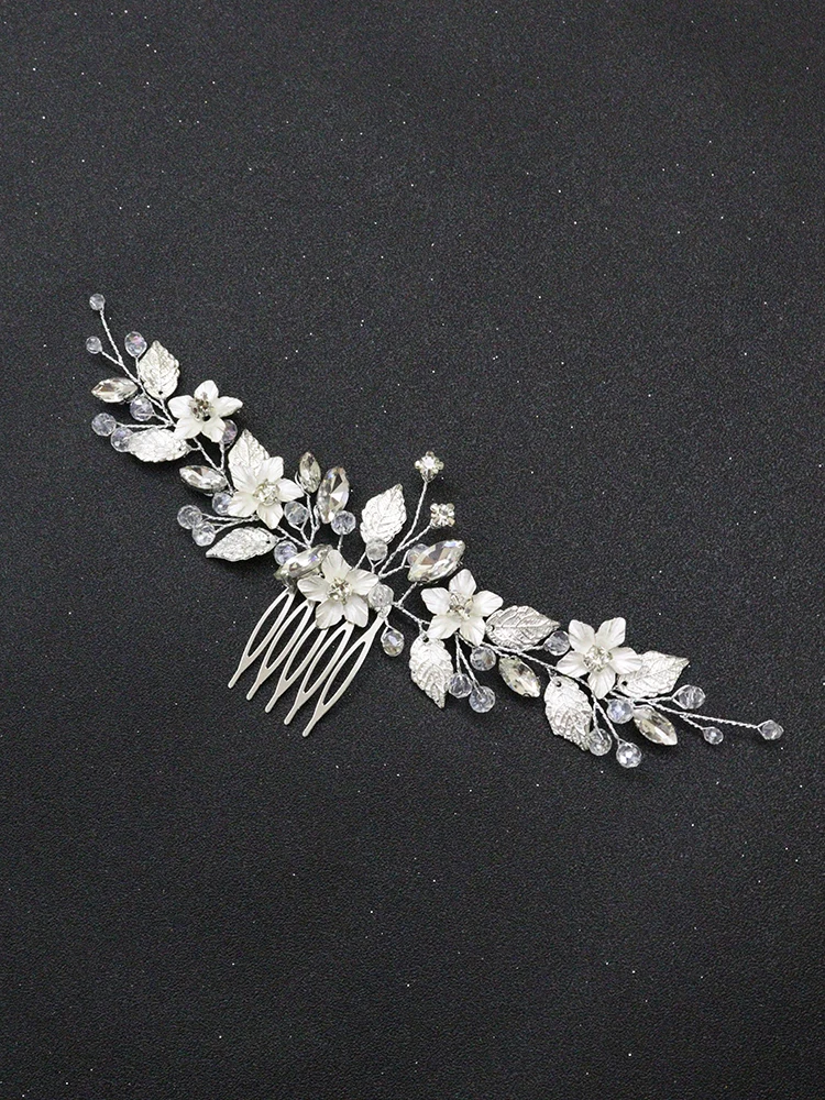 Silver Floral Bride Headdress Leaf Headbands Rhinestone Women Hair Ornaments Wedding Bridal Hair Accessories Vine Comb