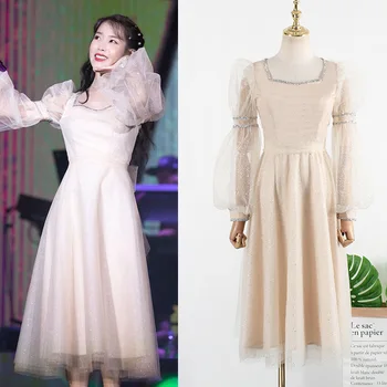 

kpop IU Lee Ji Eun spring Mesh puff sleeves waist temperament dress women Evening party elegant Simple Fashion lady long dresses