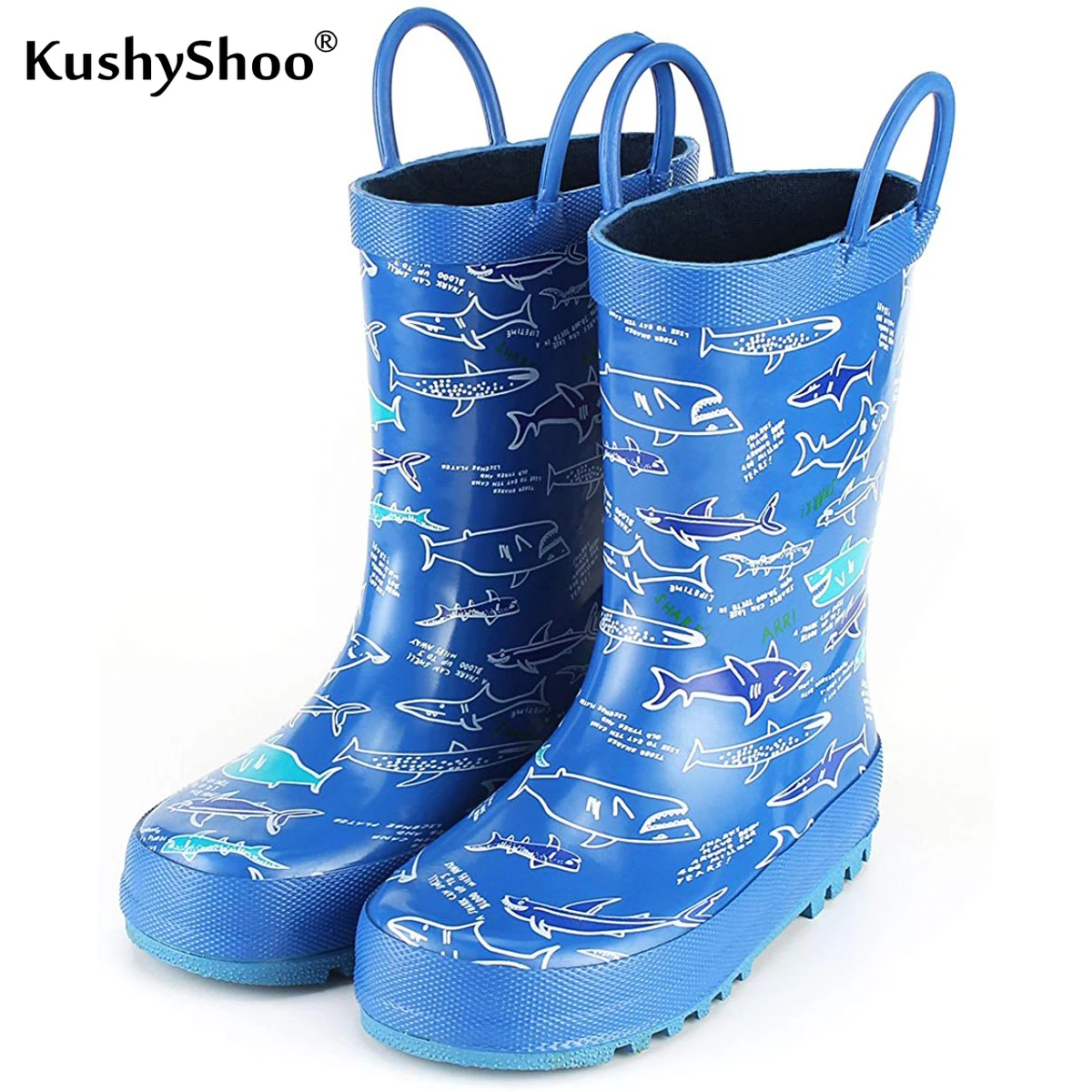Kushyshoo Kids Boy Rain Boots Waterproof Rubber Printed with Handles Children Cute Sharks Kid Shoes | Детская одежда и обувь