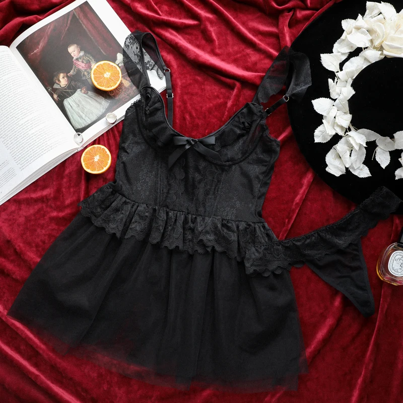 Сексуальное женское белье, пижамы, газовая ночная рубашка+ трусики, пижамный комплект, французское Ретро ночное белье, Прозрачное нижнее белье - Цвет: Черный