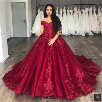 

Gorgeous Ball Gown Quinceanera Dresses Off The Shoulder Appliques Tulle Plus Size Prom Dresses Dark Red Sweet 16 Dresses