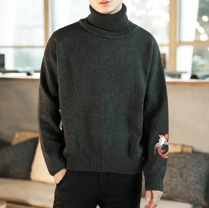 Zongke Carp Embroidery Turtleneck Men Sweater Turtle Neck Men Pullover Sweater Men Coat XXXL Autumn Winter Man Sweaters - Цвет: Dark Gray