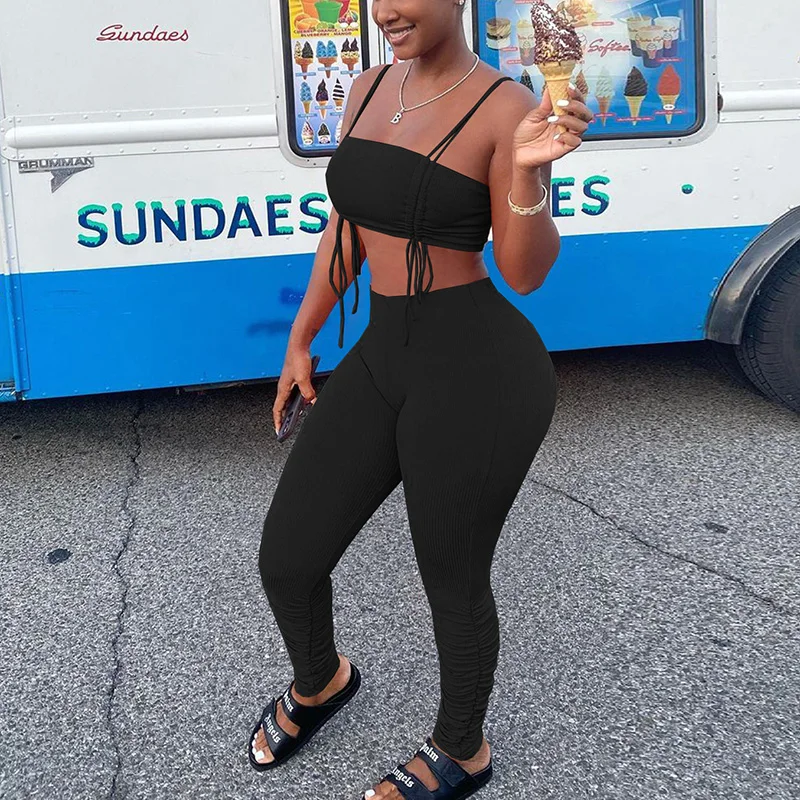 

Women Two Piece Sleeveless Solid Color Spaghetti Strap Tube Pullover Top & High Street Slim Pants Set Summer