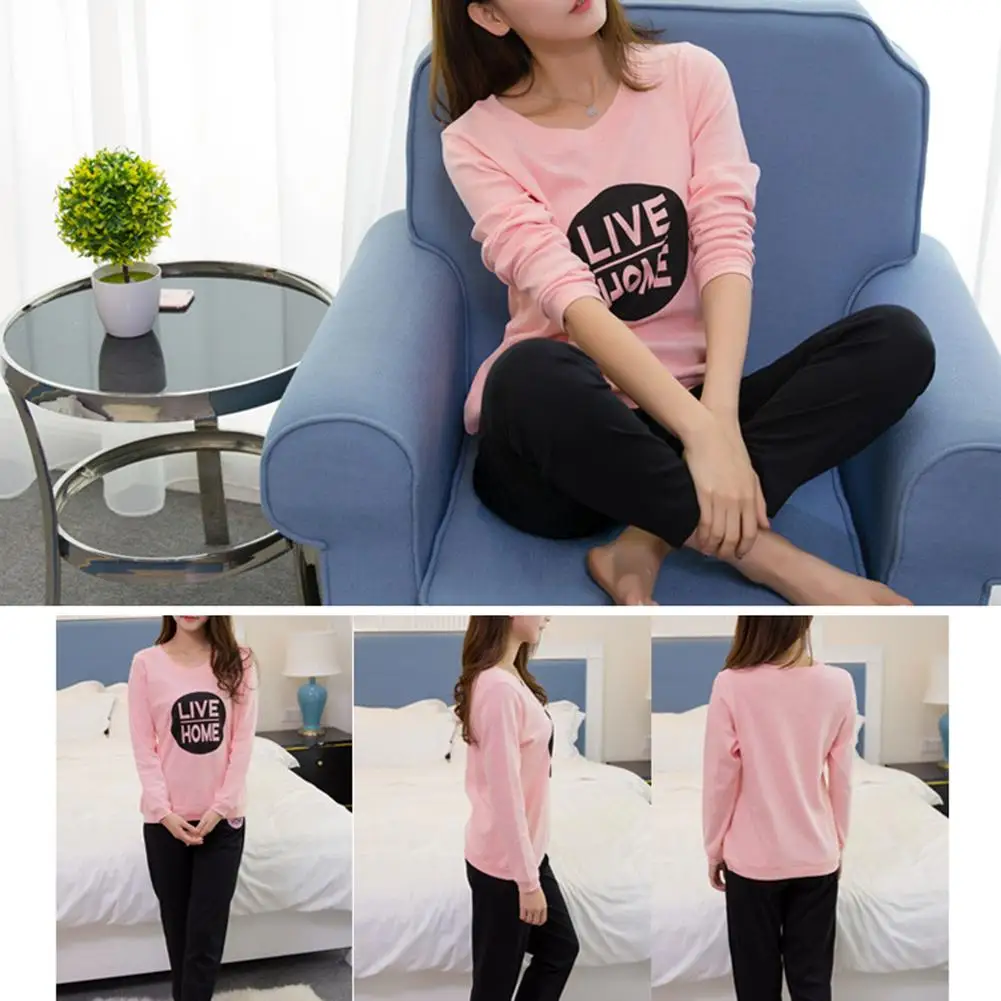 Casual Women Cartoon Animal Print O Neck Top Long Pants Pajamas Sleepwear Set | Женская одежда