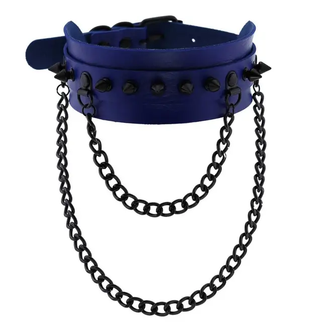 Gothic  Spike Choker Chain Collar Gothic Fashion Rivet black Leather Chokers Harajuku Grunge Goth necklace girls witch cosplay blue