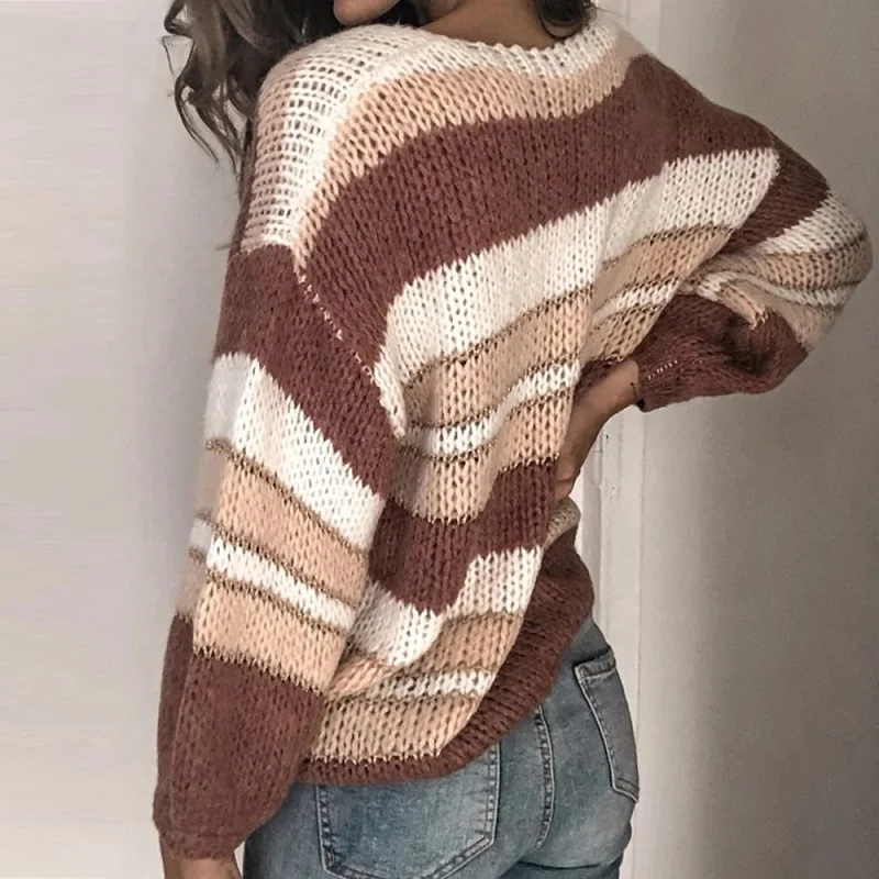 Lipswag, сексуальный осенний женский свитер с v-образным вырезом,, Зимний вязаный пуловер в полоску в стиле пэчворк размера плюс, повседневный джемпер с длинным рукавом