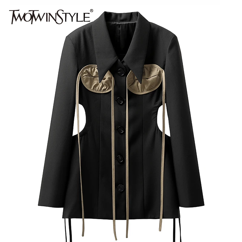 

TWOTWINSTYLE Patchwork Colorblock Cut Out Bandage Blazer For Women Slim Lapel Long Sleeve Mini Coats Female 2021 Autumn Clothing