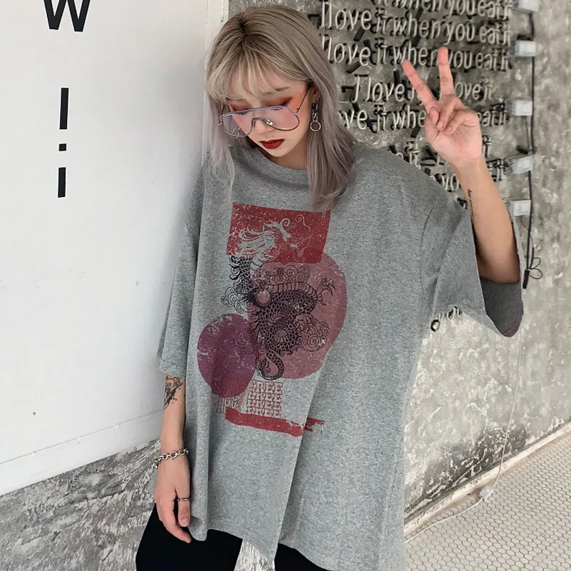 Gray Винтажная женская футболка с круглым вырезом и принтом дракона, топы с коротким рукавом, дропшиппинг, Harajuku, однотонная одежда, необычные вещи, сетчатый в готическом стиле топ - Цвет: Gray