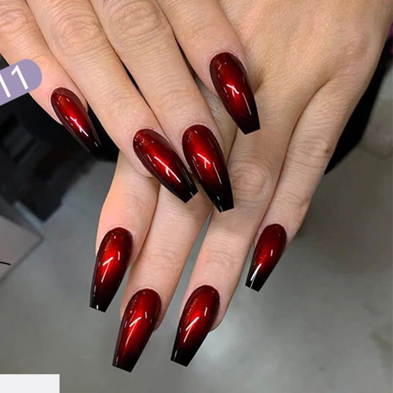 24pcs Set Long Coffin False Nails Fashion Finished Red Black Gradient Fake Nails Beauty Nail Decal Ballerina Full Nail Art Tips False Nails Aliexpress