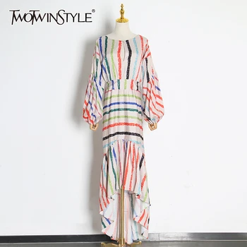 

TWOTWINSTYLE Striped Two Piece Sets Women O Neck Lantern Long Sleeve Blouse High Waist Ruffle Irrgular Hem Skirts Suits Female