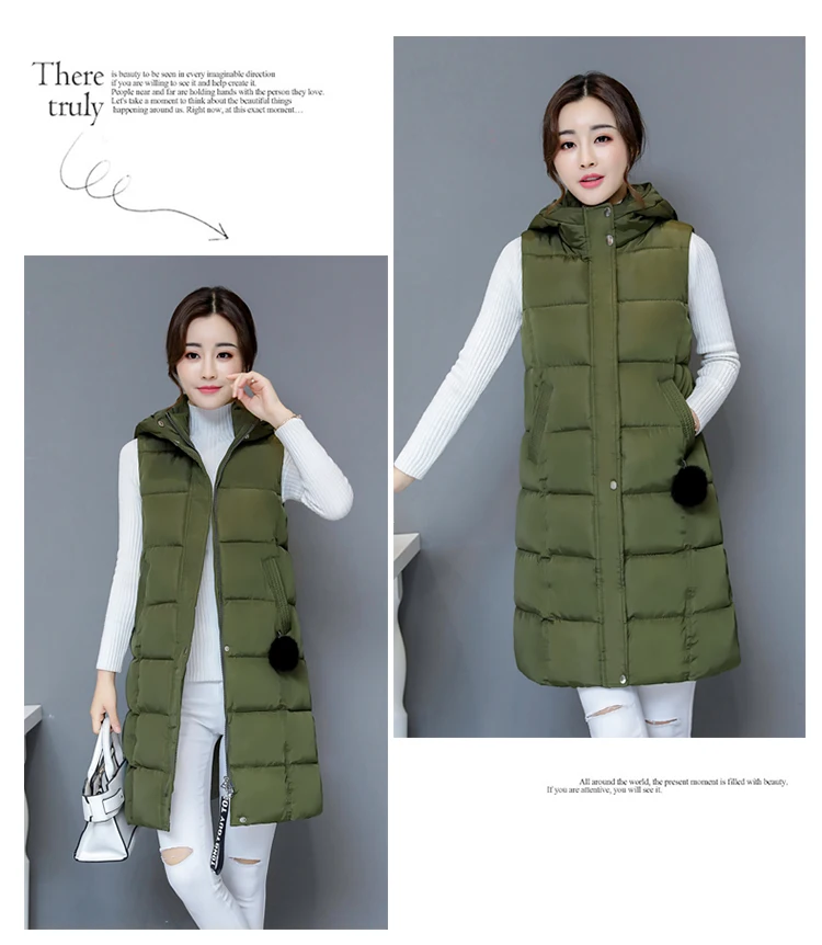 Winter vest women long vest Casual Slim thick warm Autumn hooded sleeveless waistcoat long zipper winter vest female M-3XL