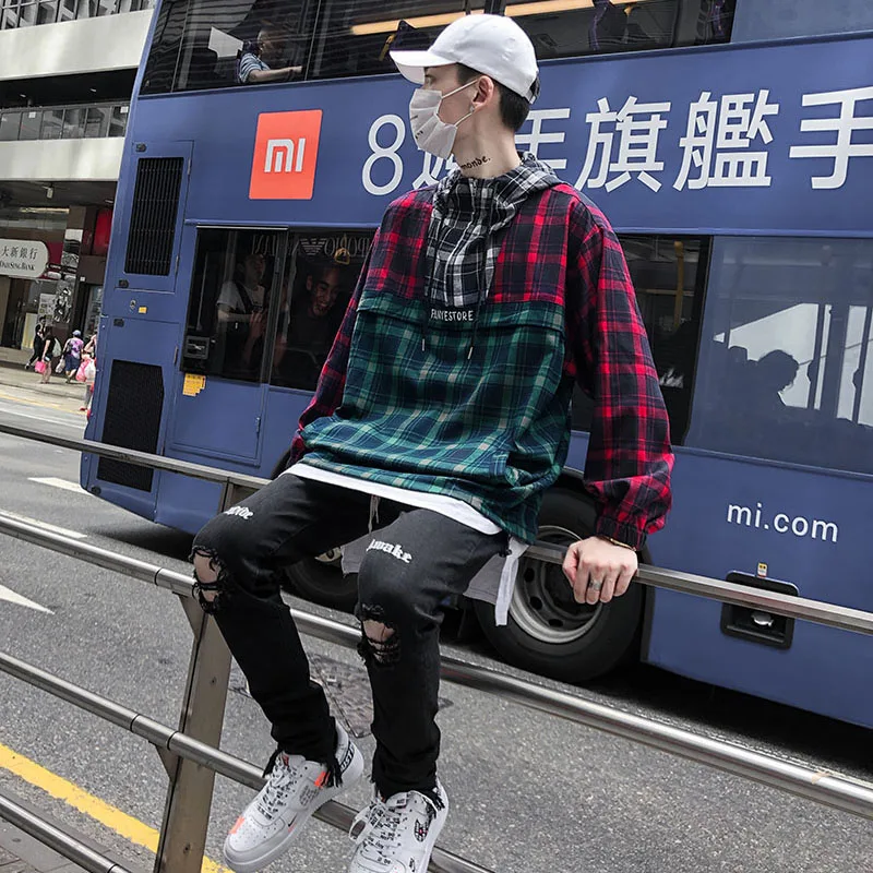 Мужская толстовка с капюшоном Harajuku плед лоскутное тонкий пуловер с капюшоном уличная мода хлопок хип хоп Уличная толстовка с круглым вырезом Осень