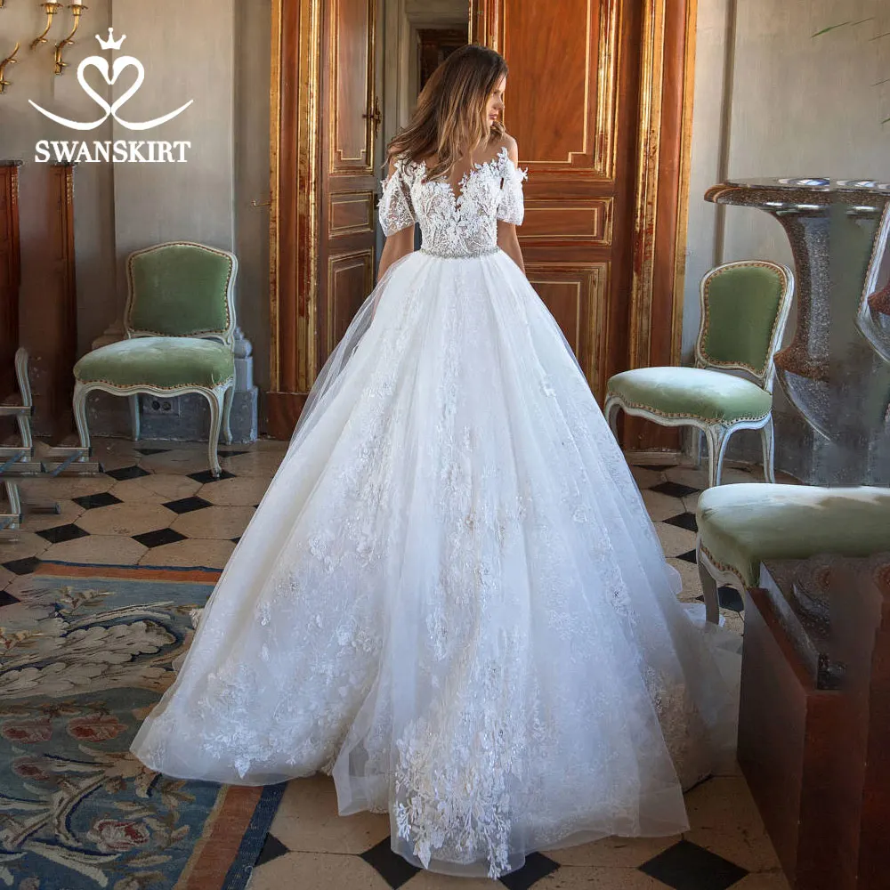 Романтическое свадебное платье с открытыми плечами Swanskirt Appliques Crystal Belt A-Line Illusion для невесты vestido de noiva I187 - Цвет: Слоновая кость