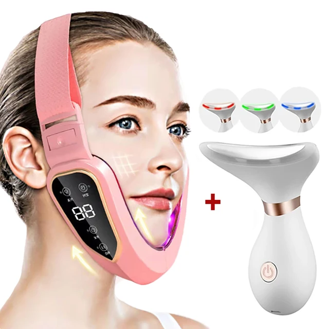 Electric V Face Lifting Double Chin Reducer Lifting Facial Slimming Shaping Microcurrent Led Light Devices Neck Massager Lift pink kit 04