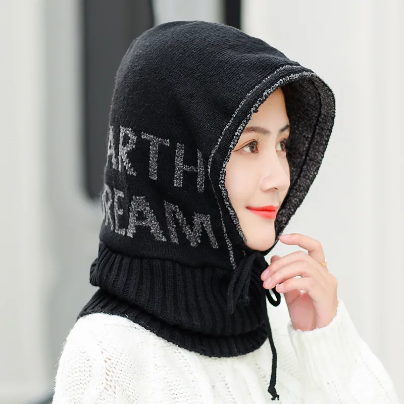 black hat Модная зимняя шапка, шарф, комплект для женщин, теплая шапка бини для девочек, кольцо, шарф, помпоны, зимние шапки, вязаные шапки, шарф, комплект - Цвет: black hat