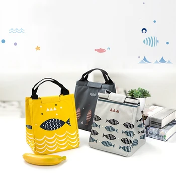 

Reusable Yellow Waterproof Fish Pattern Printed Tote Lunch Bag Thermal Food Picnic Lunch Bags for Men Women and Kid