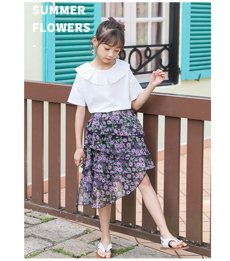Summer 2020 Chiffon Layered Skirts Dresses For Teenage Girls Floral Printed Asymmetrical Skirt Kids Mid Waist Cute Skirt Clothes (19)