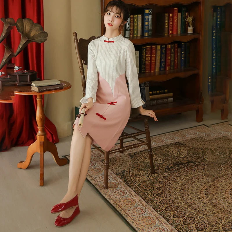 Осеннее новое оригинальное платье в национальном стиле qipao с отстроченными пуговицами, 7 минут, с рукавами, развивающее нравственное платье - Цвет: pink