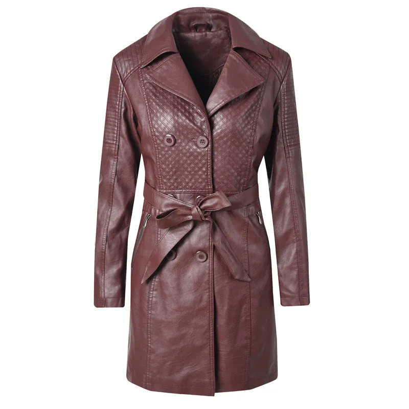 Новинка, куртка из искусственной кожи с карманами и двойной пряжкой, с длинным рукавом, с тонким поясом на талии, осенне-зимнее пальто - Цвет: dark red