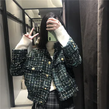 

Spring and autumn new fashion custom-breasted tweed jacket women, French style thin round neck long-sleeved jacket women