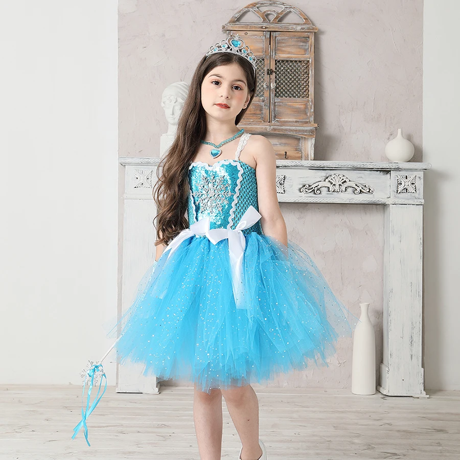 Snow Ice Princess Queen Girls Tutu Dress Glittery Sparkle Handmade Kids Halloween Party Birthday Fancy Dresses Elsa Clothes (9)