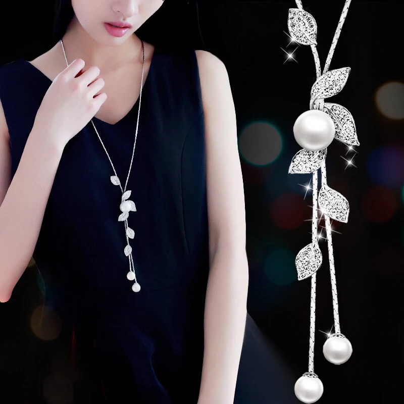 Fashion elegant Simulated Pearl Choker Necklaces for Women Silver Color Chain Long Necklace Pendant Jewelry Accessories Trendy