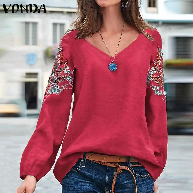  VONDA Embroidered Blouse Women Cotton Vintage Office Shirts Beach Printed Tops Bohemian Plus Size T