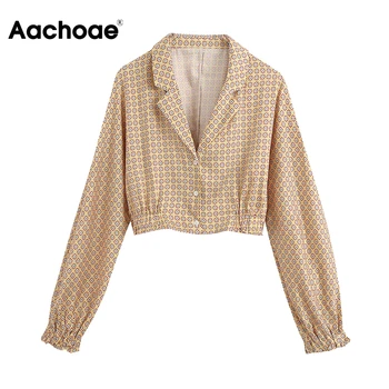 

Fashion Floral Print Cropped Blouse Women Vintage Long Sleeve Tunic Top Ladies Turn Down Collar Casual Short Shirt Blusas Mujer