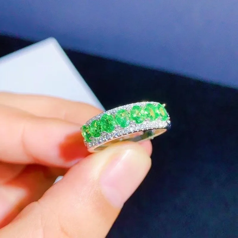 Gioielli 100% Anello In Tsavorite Naturale Per L'Uso Quotidiano 7 Pezzi 3*4Mm Anello In Argento Tsavorite Anello In Argento Con Gemma Di Moda