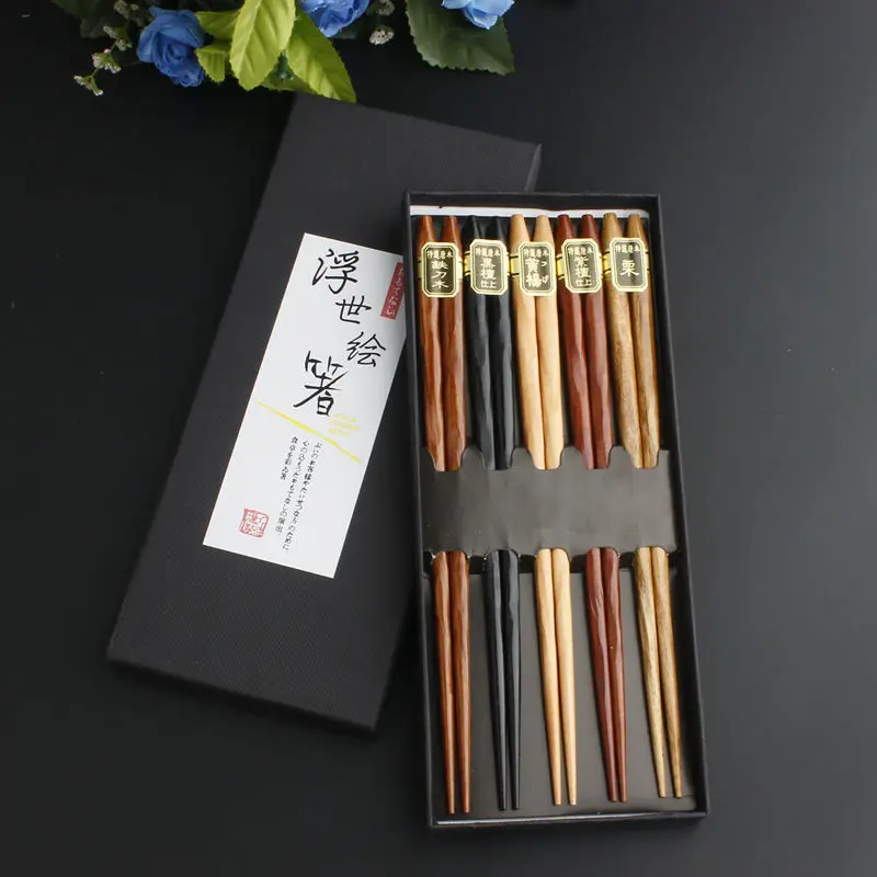 5 Pairs Japanese-style Handmade Reusable Natural Wooden Chopsticks kitchen Tableware