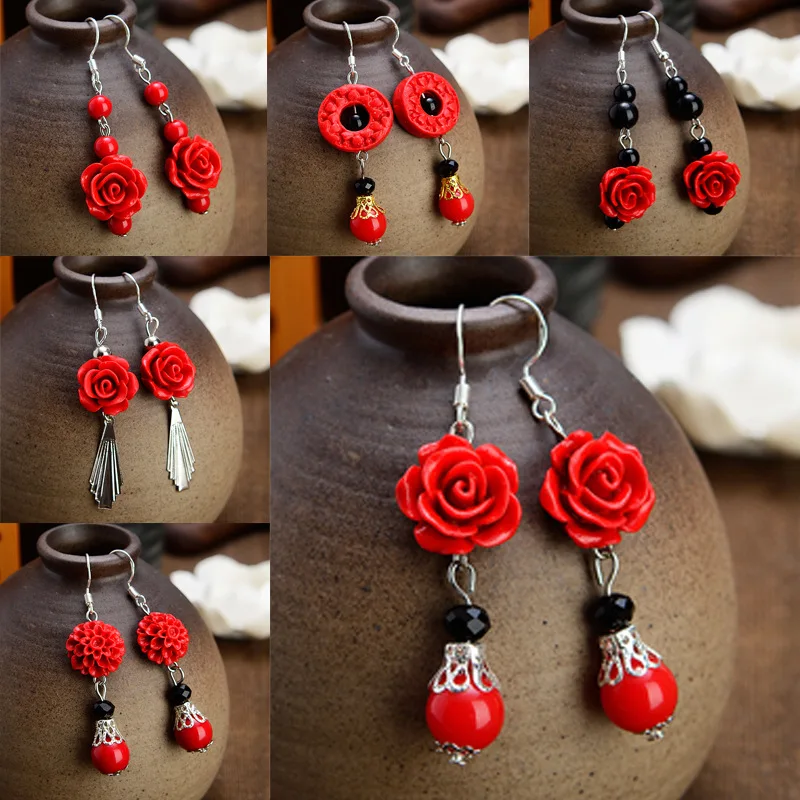 

Phoenix Zhu Decoration Rose S925 Silver Earrings Women's Accessories Bride Short Retro National Wind Earrings