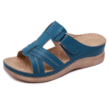 Sandalias de cuña ortopédicas de Punta abierta para mujer, zapatos Retro de plataforma informales de cuero antideslizantes Vintage, de primera calidad, para verano