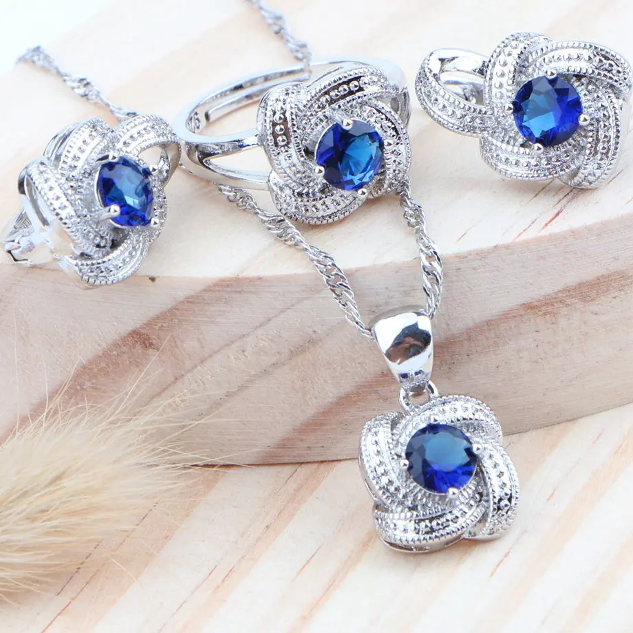 Cubic Zirconia Silver 925 Bridal Jewelry Sets Wedding Kid Jewelry Earrings Rings Necklace Pendant Set For Women Accessories - Окраска металла: Blue