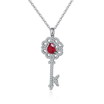 Pirmiana Popular 18k White Gold 1.1ct Pear Shape Lab Ruby Open Love Door Key Necklace Pendant Fashion Women Jewelry