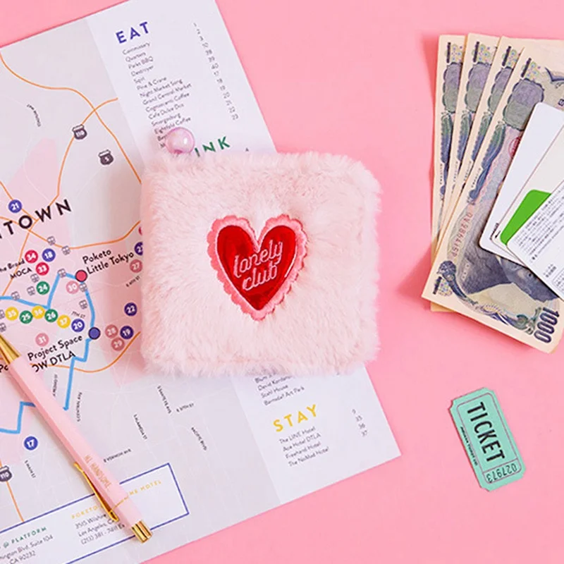 1PC Mini Plush love Square Wallet Laser PVC Wallet Pink Black Women Lady Coin Purse Wallet Winter Harajuku Small Wallet Dropship