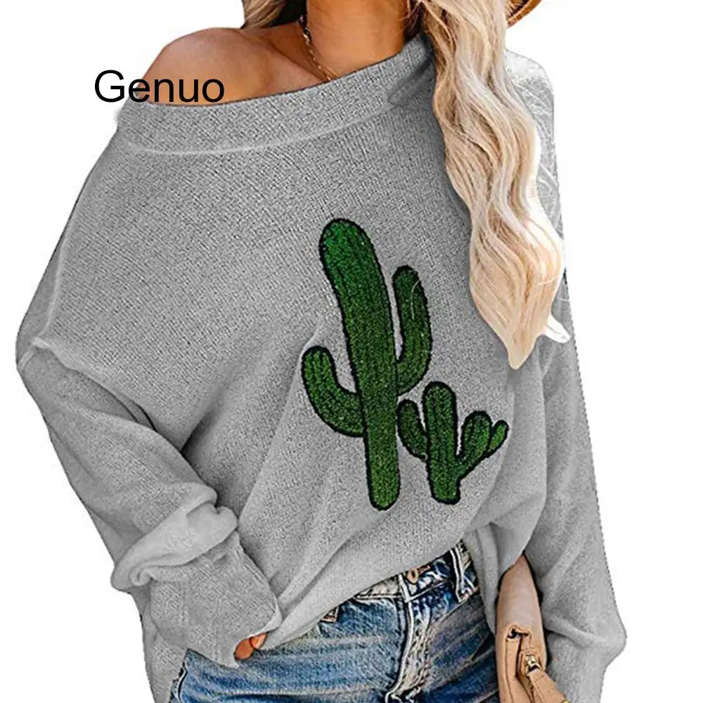 Autumn Women Knitted Jumpers Sexy O Neck Cactus Printed Knitting Sweater Female Long Sleeve Loose Knitwear Shirt Tops | Женская одежда