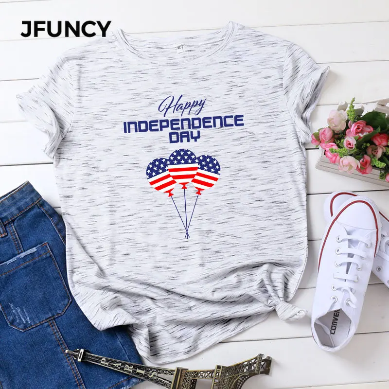 

JFUNCY Plus Size 5XL Summer Women Cotton Tee Shirts Independence Day Print Tops Female T-shirt Short Sleeve Women Tshirt 2020
