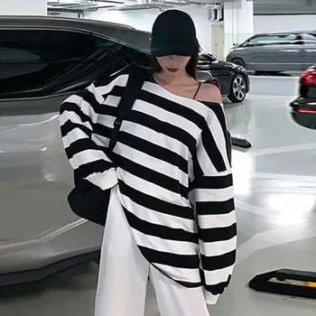 

loose Striped Women Sweatshirt Fashion New Full Sleeve Off Shoulder Goddess Fan Minority Casual Loose Sweatshirt DMY3385