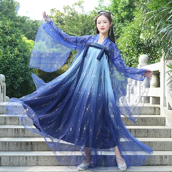 

Fairy Dress Traditional Chinese Folk Dance Costume For Women Hanfu Dress Ancient Emboridery Starry Sky Princess Dress DL4981