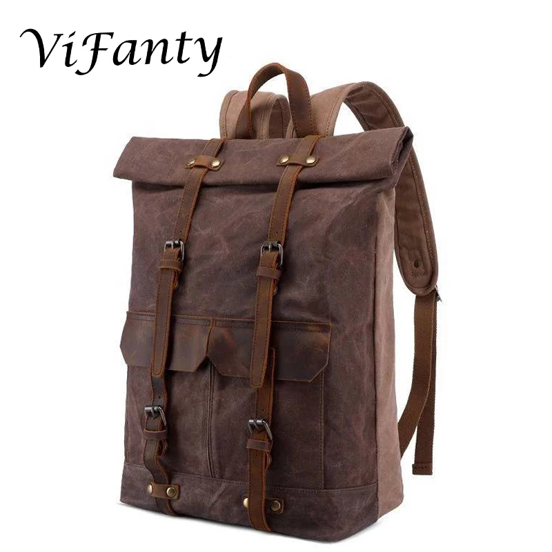Мужской холщовый рюкзак с масляным воском, кожаный рюкзак для мужчин, рюкзаки для путешествий, винтажная сумка для книг с ноутбуком, мужская сумка в деревенском стиле, большой размер