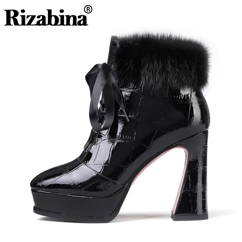 

RizaBina Women Party Real Leather Ankle Boots Platform High Heels Winter Warm Party Shoes Woman Short Boots Footwear Size 34-39