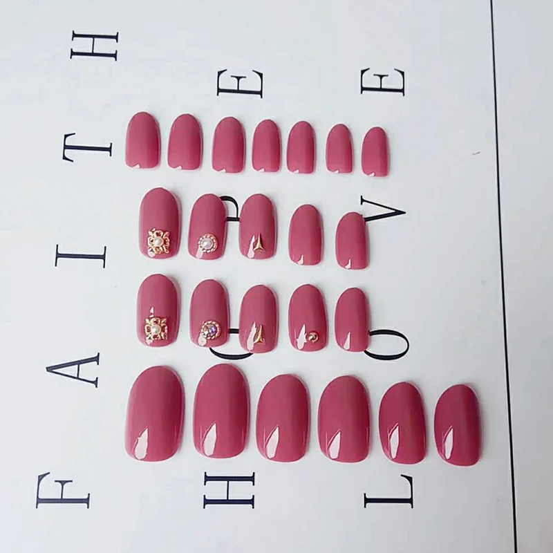 Nusx 24pcs Shiny Pink Fake Nails Art Decoration Bride Short Round Head Pure Color False Nail 5