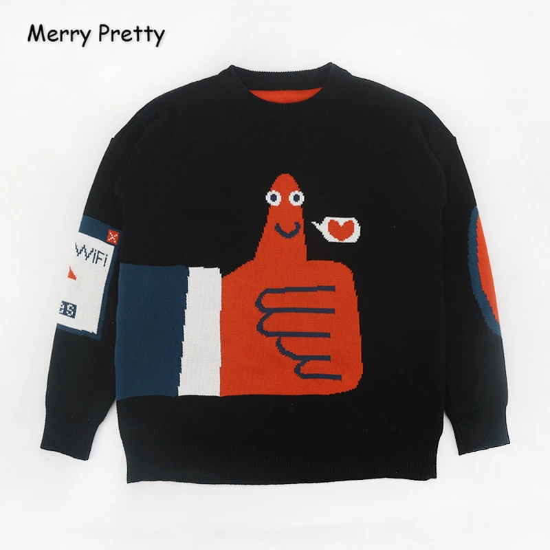 MERRY PRETTY, женские вязаные свитера и пуловеры с мультяшной вышивкой, зимние толстые вязаные свитера для девочек, жаккардовый свитер Харадзюку