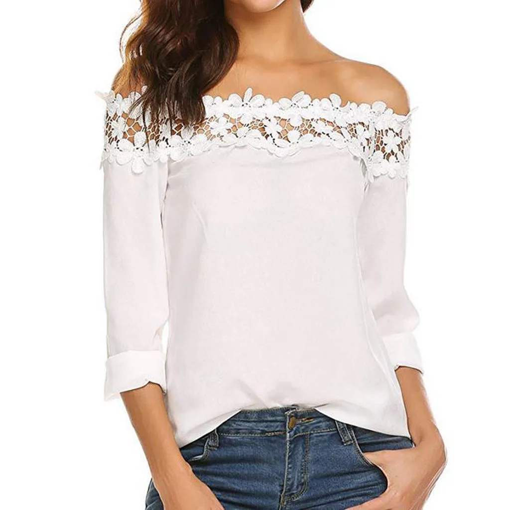

Hot Selling Women's White Lace Blouses Summer Ladies Fashion Long Sleeve Off Shoulder Shirts Women Casual Tops Blouse#j30