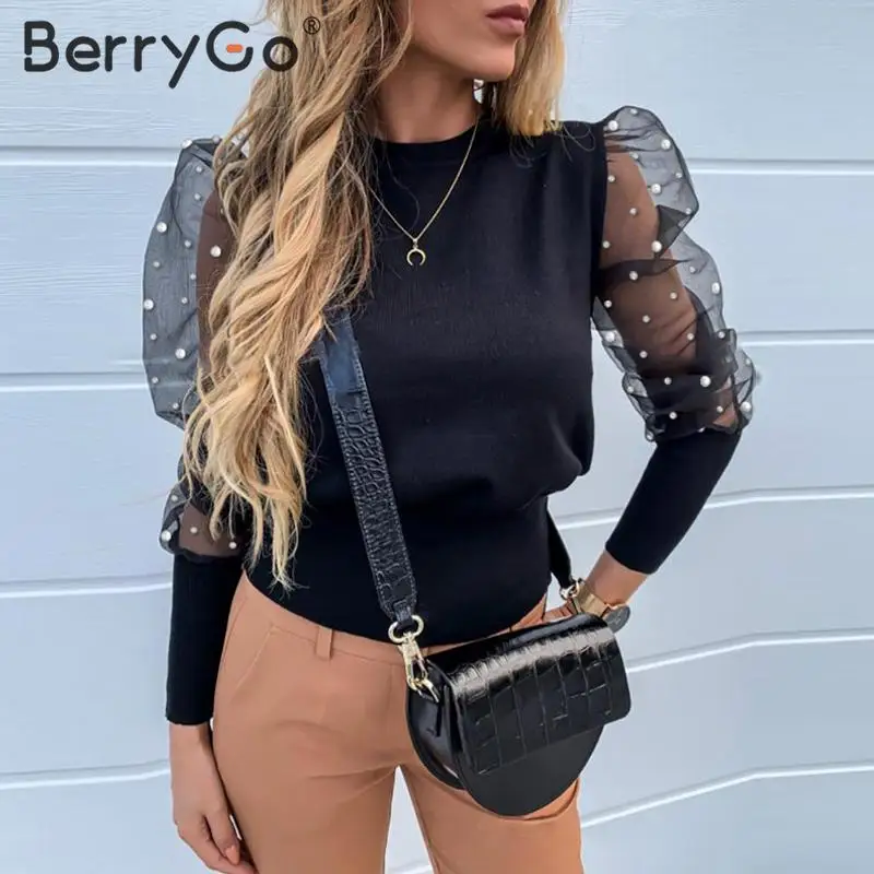 

BerryGo Elegant pearl mesh blouse shirt women Casual autumn party wear ladies tops Puff sleeve female knitted top shirt