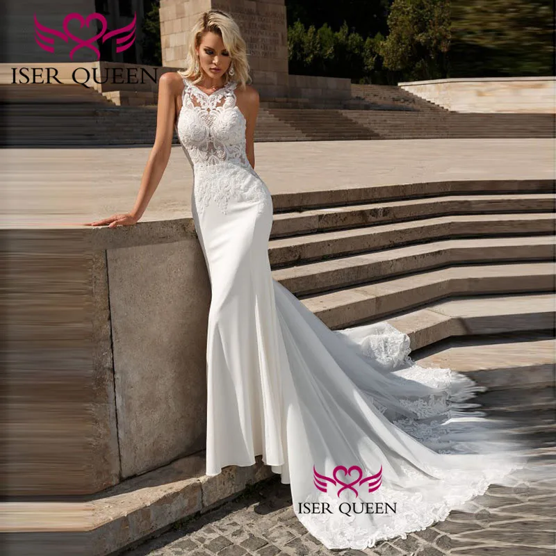 

Delicate Embroidery Sleeveless Mermaid Wedding Dresses Soft Satin Pure White Court Train Button Illusion свадебные платья W0674