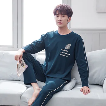 

Cotton Men's Pajamas Spring and Autumn Solid Color Letters Plus Size Pajamas Set Men Loose Casual Homewear 4XL