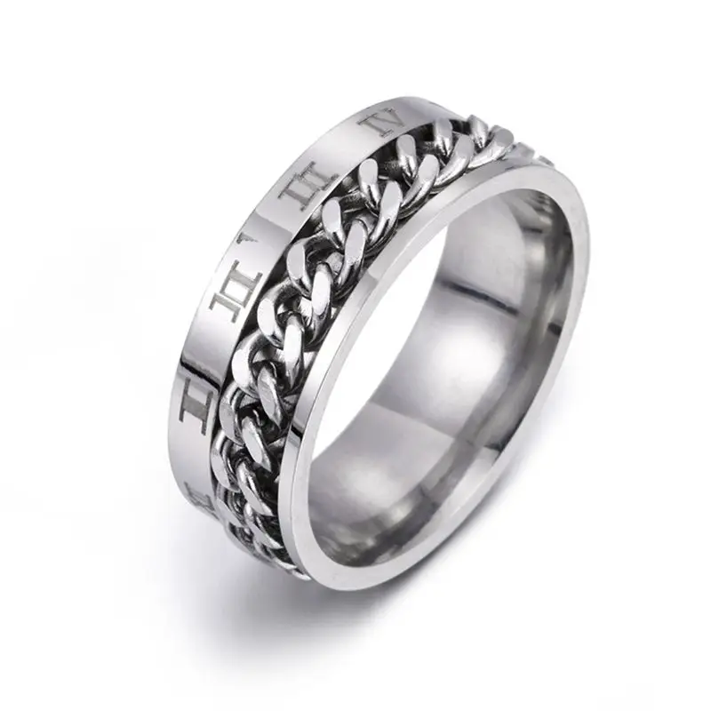 Для тренировки пальцев Спиннер из нержавеющей стали цепь вращающееся кольцо мужской классический римский Цифровой сила чувство подарок Y51E - Цвет: Silver Size 6
