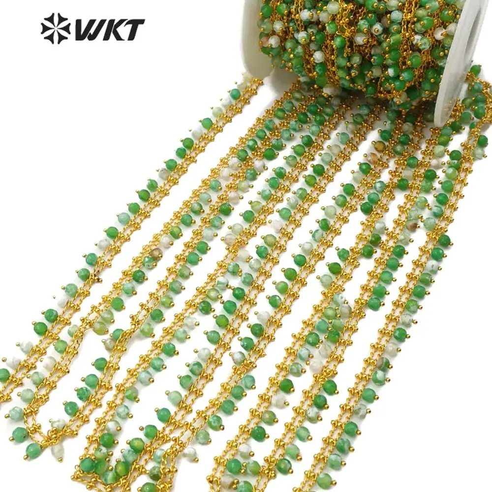 WT-RBC107 WKT, Новые поступления, натуральные зеленые цвета, бобы, Золотая проволока, завернутая четки, цепочка 5 метров для женщин, стильное Изготовление ювелирных изделий