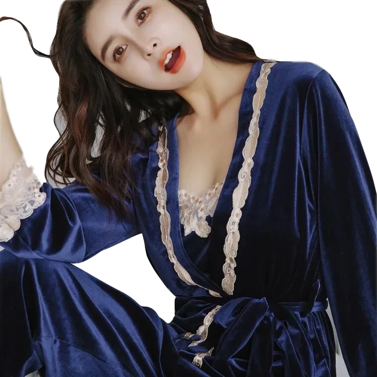 

Pajamas Set Women Sleep Set Deep Gold Velvet Sexy Home Wear Autumn Winter Warm Women Pajama Sets Long Pant Set Robe Sleepwear